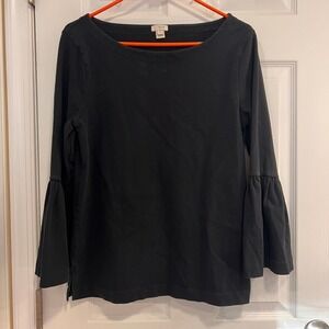 J Crew Black Long‎ Sleeve Boat Neck Flared Sleeve Women's Cotton Top
